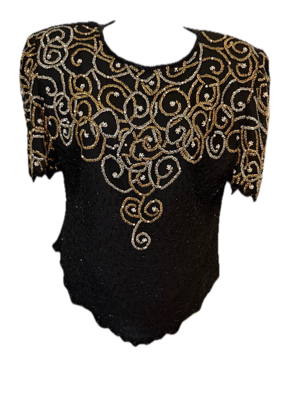 Laurnence Kazar Black Silk Beaded Evening Top Gold Silver Pearl  Petite